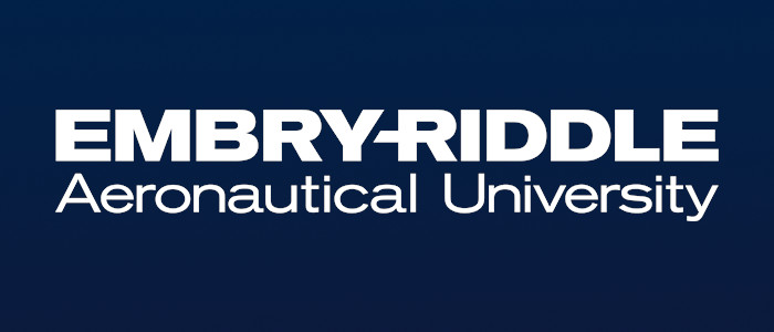 White ERAU logo with blue background gradient.